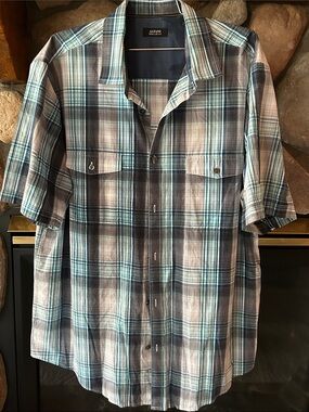 Alfani Men's Teal Cotton Short-Sleeve Plaid Button-Up Shirt, Size XL